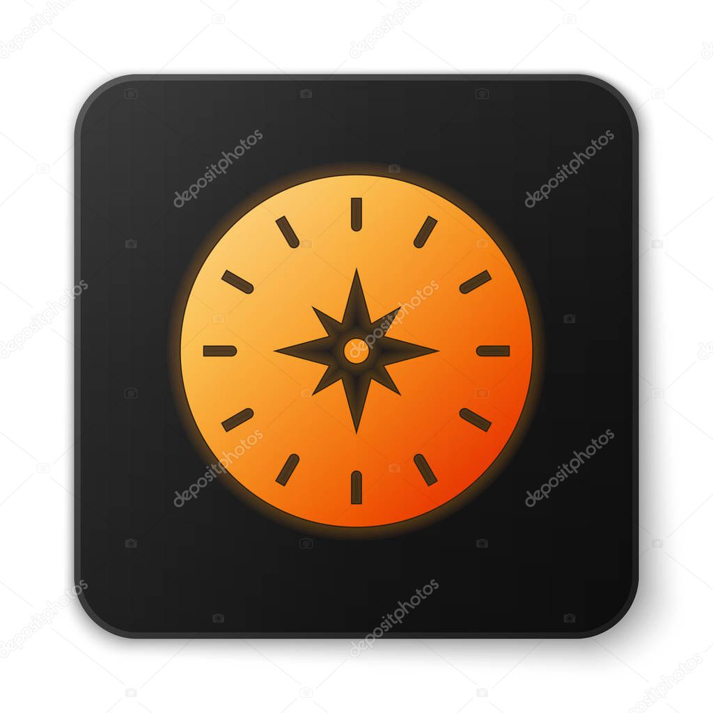 Orange glowing neon Compass icon isolated on white background. Windrose navigation symbol. Wind rose sign. Black square button. Vector Illustration