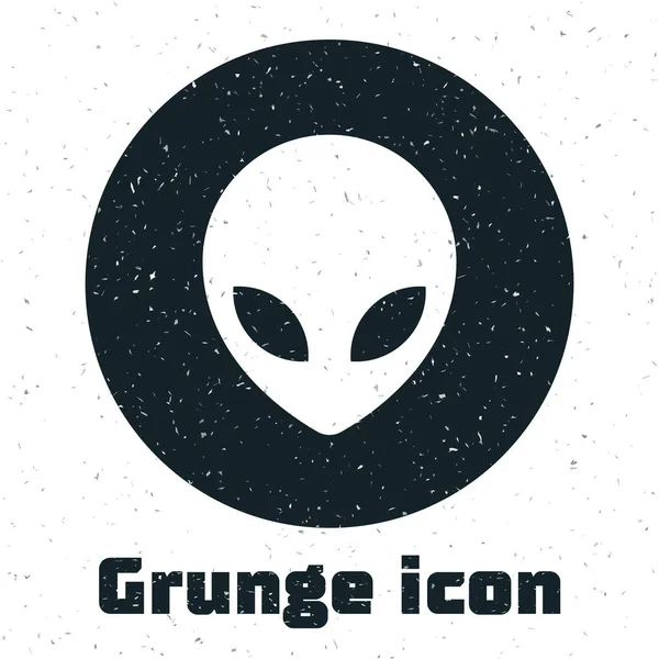 Ícone Grunge Alien isolado no fundo branco. Extraterrestre rosto ou cabeça símbolo alienígena. Ilustração vetorial —  Vetores de Stock