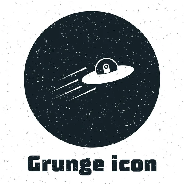 Grunge UFO voando nave espacial e ícone alienígena isolado no fundo branco. Um disco voador. Nave espacial alienígena. Objeto voador desconhecido futurista. Ilustração vetorial —  Vetores de Stock