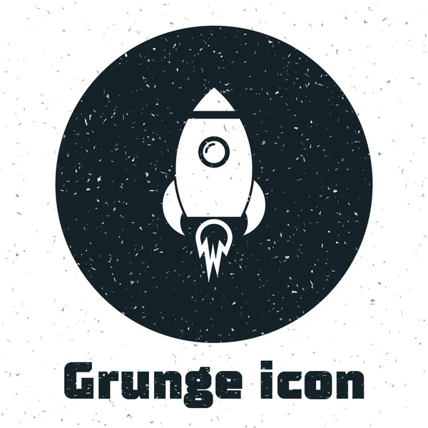 Grunge Rocket ship with fire icon isolated on white background. Space travel. Vector Illustration
