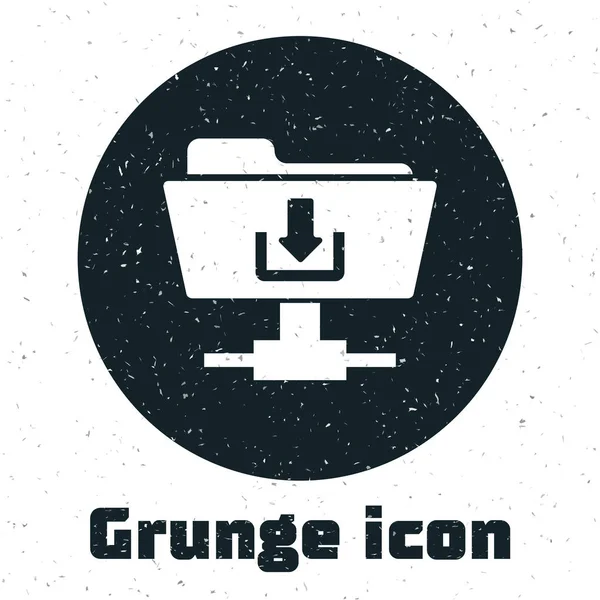 Grunge FTP icono de descarga de carpetas aislado en el fondo blanco. Actualización de software, protocolo de transferencia, enrutador, gestión de herramientas de trabajo en equipo, proceso de copia. Ilustración vectorial — Vector de stock