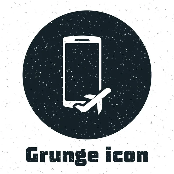 Grunge Flight mód a mobiltelefon ikon izolált fehér háttér. Repülőgép vagy repülőgép repülés nélküli mód utasszabályozás légitársaság. Vektoros illusztráció — Stock Vector