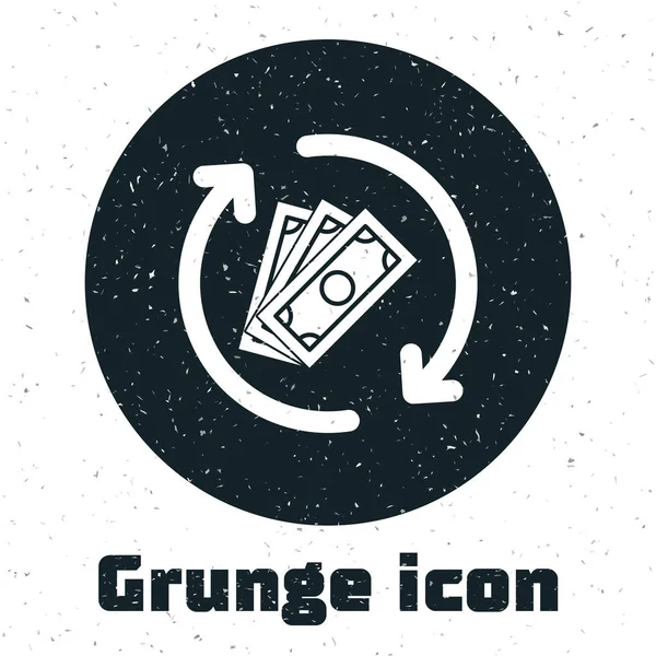 Icono de dinero Grunge Refund aislado sobre fondo blanco. Servicios financieros, concepto de devolución de efectivo, reembolso de dinero, retorno de la inversión, cuenta de ahorros. Ilustración vectorial — Vector de stock