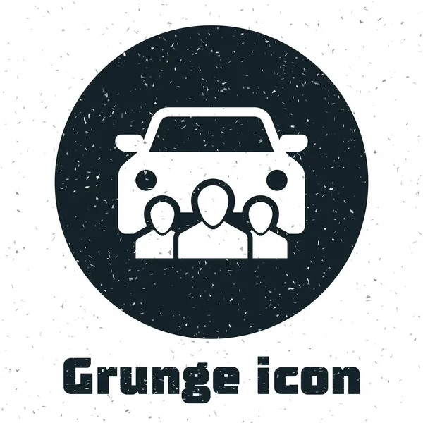 Grunge Partage de voiture avec groupe de personnes icône isolée sur fond blanc. Panneau d'autopartage. Transport location concept de service. Illustration vectorielle — Image vectorielle