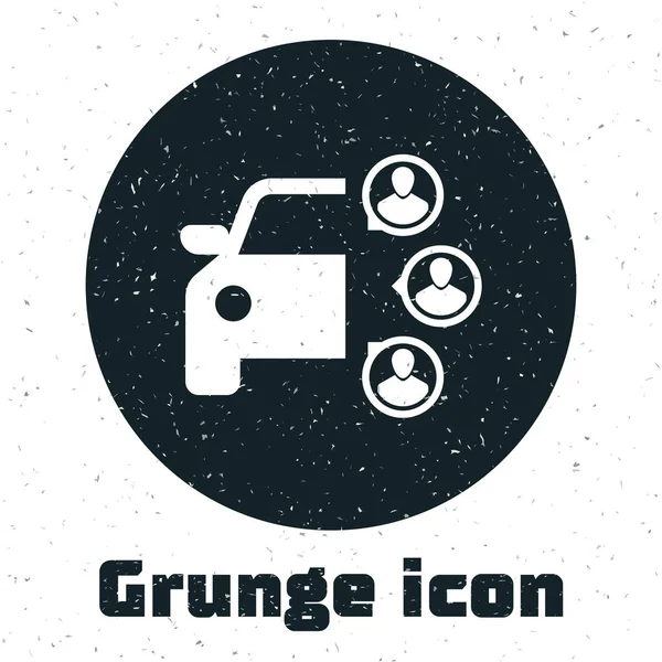 Grunge Car partilha com o grupo de pessoas ícone isolado no fundo branco. Sinal de partilha de carros. Conceito de serviço de aluguer de transporte. Ilustração vetorial — Vetor de Stock