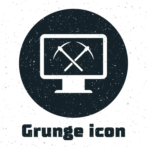 Concepto de Grunge Mining con portátil e icono de pico aislado sobre fondo blanco. Tecnología blockchain, minería criptomoneda, mercado de dinero digital. Ilustración vectorial — Archivo Imágenes Vectoriales