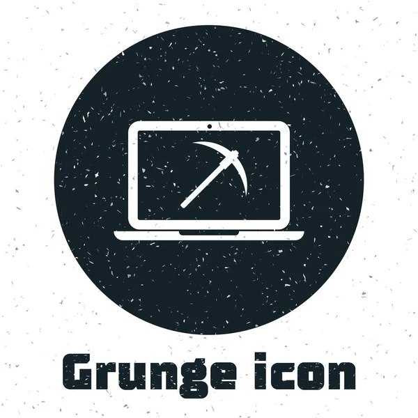 Concepto de Grunge Mining con portátil e icono de pico aislado sobre fondo blanco. Tecnología blockchain, minería criptomoneda, mercado de dinero digital. Ilustración vectorial — Archivo Imágenes Vectoriales