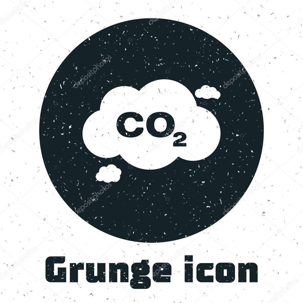 Grunge CO2 emissions in cloud icon isolated on white background. Carbon dioxide formula symbol, smog pollution concept, environment concept. Vector Illustration