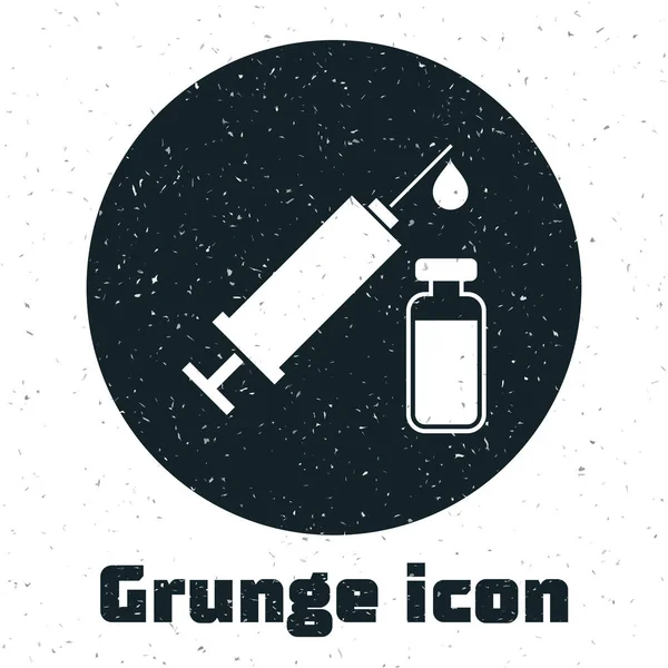 Jeringa Grunge Medical con aguja e icono de vial o ampolla aislado sobre fondo blanco. Vacunación, inyección, vacuna, concepto de insulina. Ilustración vectorial — Vector de stock