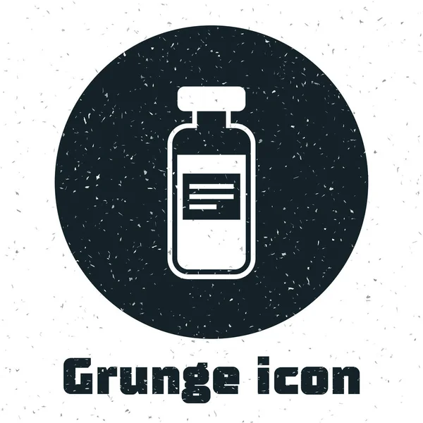 Vial de Grunge Medical, ampolla, icono de la botella aislado sobre fondo blanco. Vacunación, inyección, concepto de atención de la vacuna. Ilustración vectorial — Vector de stock