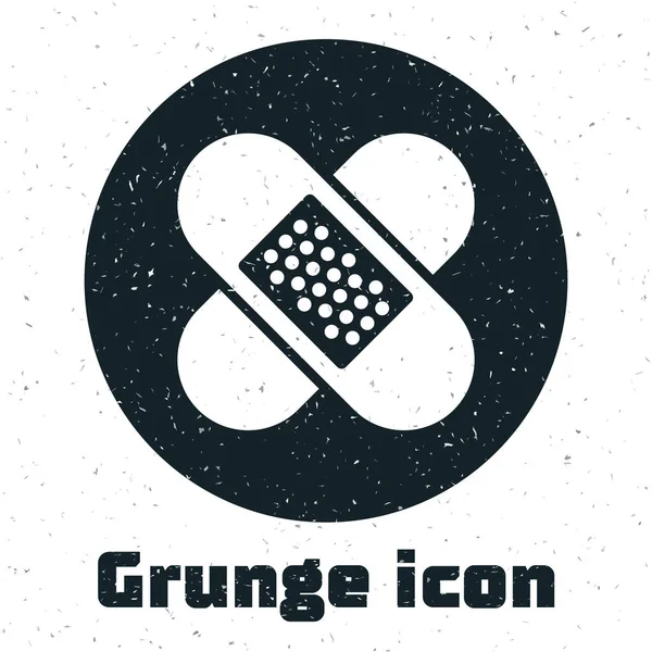 Grunge keresztkötés gipszkarton vakolat ikon fehér alapon. Orvosi vakolat, ragasztókötés, rugalmas szövetkötés. Vektoros illusztráció — Stock Vector