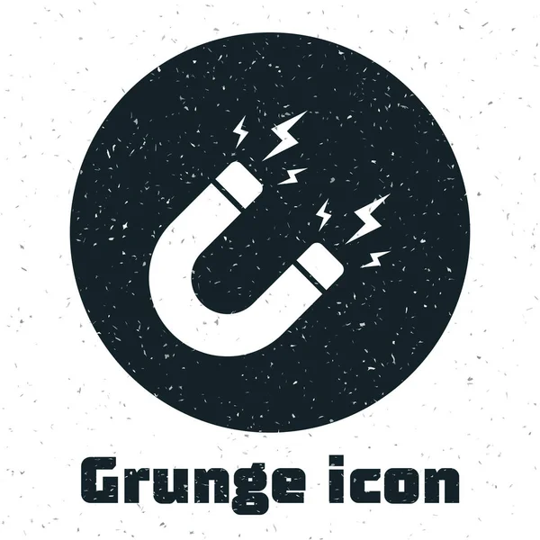 Grunge-Magnet mit Blitz-Symbol auf weißem Hintergrund. Hufeisenmagnet, Magnetismus, Magnetisieren, Attraktionszeichen. Vektorillustration — Stockvektor