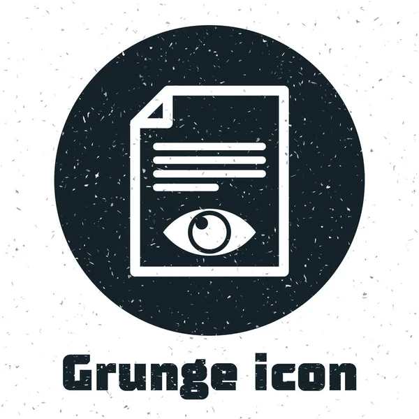 Grunge Página de papel com ícone de símbolo de olho isolado no fundo branco. Abrir sinal de arquivo de informações. Ilustração vetorial — Vetor de Stock