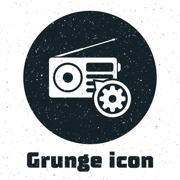 Grunge Radio com antena e ícone de engrenagem isolado no fundo branco. Ajustar aplicativo, conceito de serviço, opções de configuração, manutenção, reparo, fixação. Ilustração vetorial — Vetor de Stock