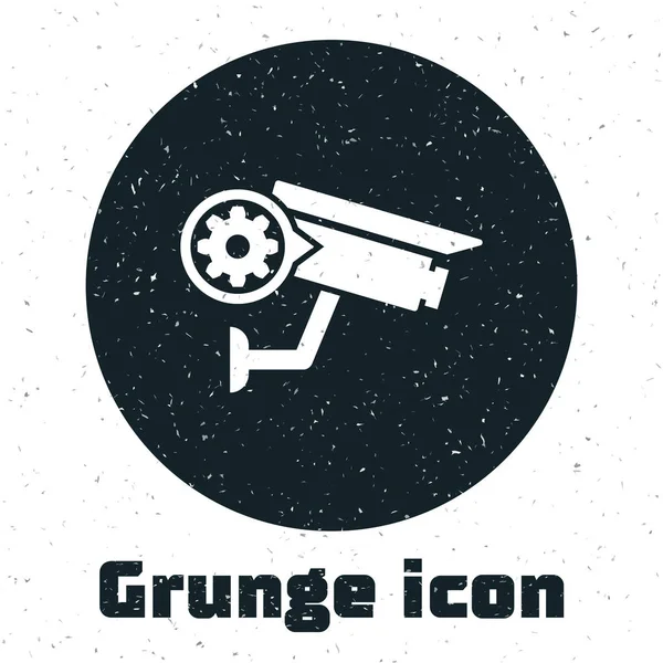 Grunge Cámara de seguridad e icono de engranaje aislados sobre fondo blanco. Ajustar la aplicación, concepto de servicio, opciones de configuración, mantenimiento, reparación, fijación. Ilustración vectorial — Vector de stock