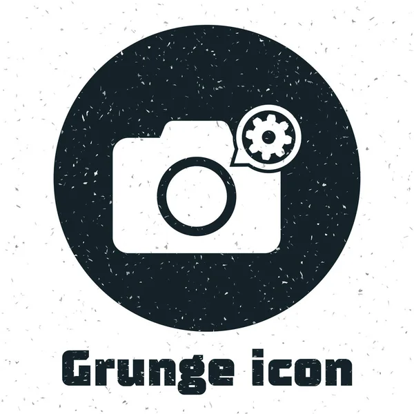 Grunge Photo camera and gear icon isolated on white background. Adjusting app, service concept, setting options, maintenance, repair, fixing. Vector Illustration — Stock Vector