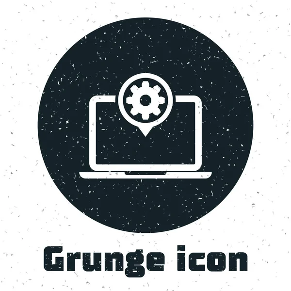 Grunge Laptop y el icono de engranaje aislado sobre fondo blanco. Concepto de servicio de computadora portátil. Ajustar la aplicación, opciones de configuración, mantenimiento, reparación, fijación. Ilustración vectorial — Vector de stock