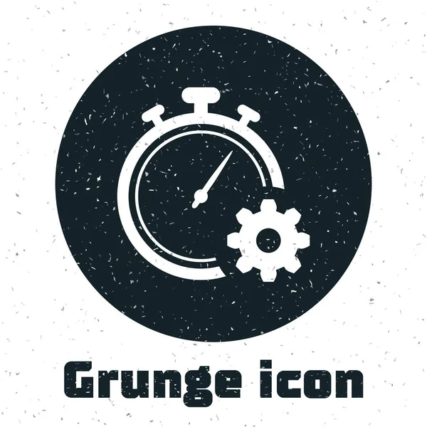 Ikon Grunge Time Management diisolasi dengan latar belakang putih. Clock dan tanda gigi. Simbol produktivitas. Ilustrasi Vektor - Stok Vektor