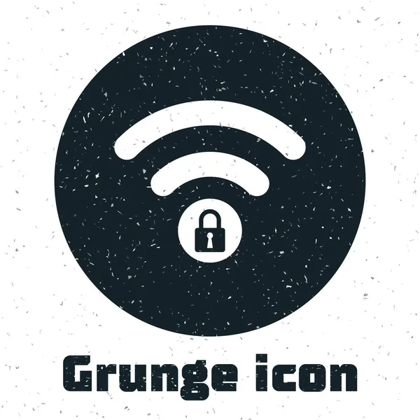 Grunge Wifi bloqueado ícone de sinal isolado no fundo branco. Senha símbolo Wi-fi. Ícone de rede sem fio. Zona Wifi. Ilustração vetorial — Vetor de Stock