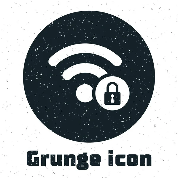 Grunge Wifi icono de signo bloqueado aislado sobre fondo blanco. Contraseña símbolo Wi-Fi. Icono de red inalámbrica. Zona Wifi. Ilustración vectorial — Vector de stock