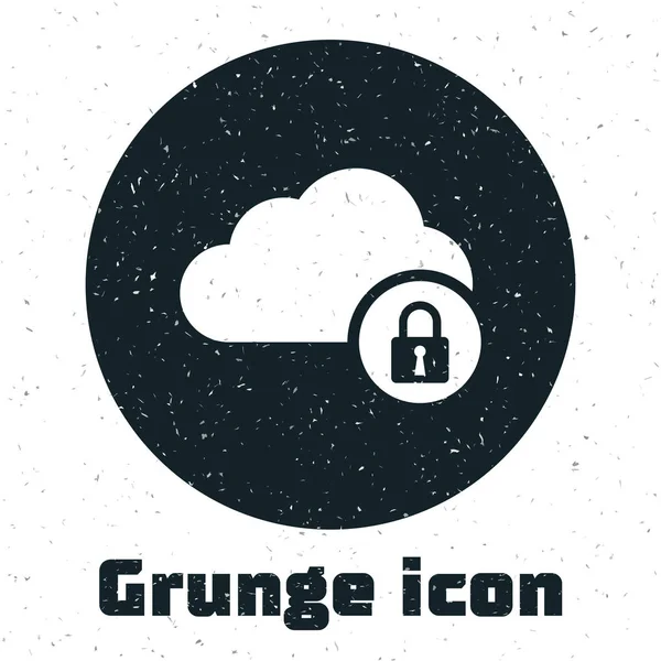 Grunge Cloud Computing Lock icoon geïsoleerd op witte achtergrond. Veiligheid, veiligheid, bescherming concept. Vector illustratie — Stockvector