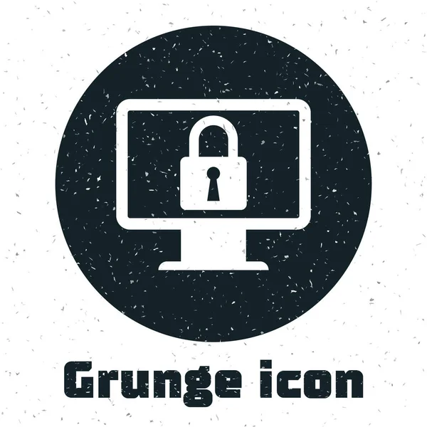 Grunge Lock en el icono de la pantalla del monitor de la computadora aislado en fondo blanco. Monitor y candado. Seguridad, seguridad, concepto de protección. Interred segura. Ilustración vectorial — Vector de stock
