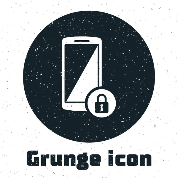 Grunge smartphone met gesloten hangslot icoon geïsoleerd op witte achtergrond. Telefoon met slot. Mobile Security, veiligheid, bescherming concept. Vector illustratie — Stockvector