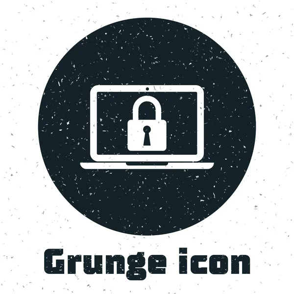 Grunge-Laptop und Schloss-Symbol isoliert auf weißem Hintergrund. Computer und Vorhängeschloss. Sicherheit, Sicherheit, Schutzkonzept. sichere Vernetzung. Vektorillustration — Stockvektor