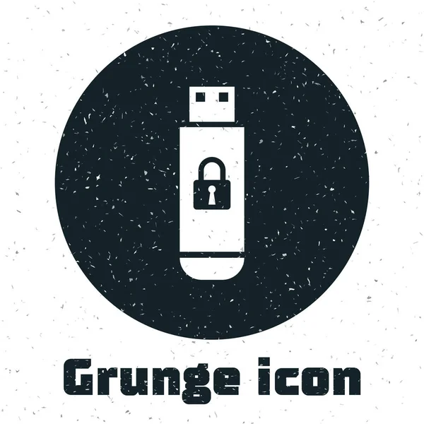 Grunge USB Flash Drive with closed padlock icon isolated on white background. Безопасность, безопасность, концепция защиты. Векторная миграция — стоковый вектор
