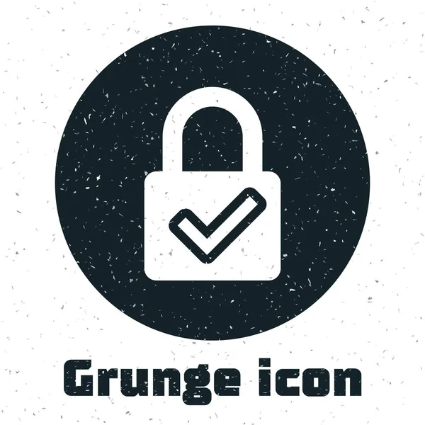 Grunge Açık asma kilit ve beyaz arka planda yalıtılmış işaret simgesini işaretleyin. Siber güvenlik konsepti. Dijital veri koruması. Güvenlik güvenliği. Vektör İllüstrasyonu — Stok Vektör