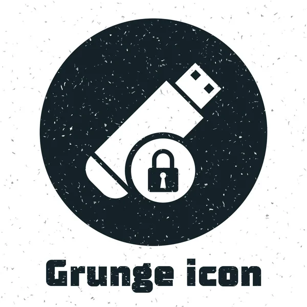 Grunge USB Flash Drive med stängt hänglåsikon isolerad på vit bakgrund. Trygghet, säkerhet, skyddskoncept. Vektor illustration — Stock vektor