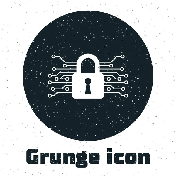 Grunge Cyber Security icoon geïsoleerd op witte achtergrond. Gesloten hangslot op digitale printplaat. Veiligheidsconcept. Digitale gegevensbescherming. Vector illustratie — Stockvector