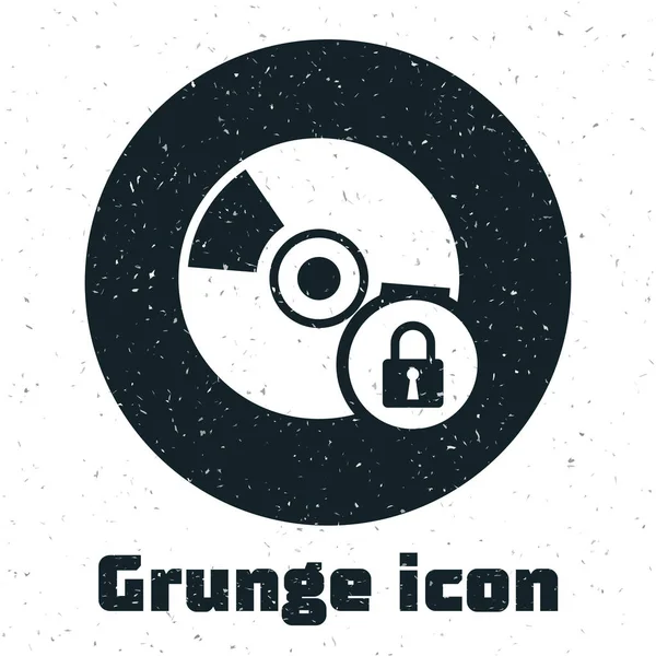 Grunge-CD oder -DVD mit geschlossenem Schloss-Symbol auf weißem Hintergrund. Compact Disc Schild. Sicherheit, Sicherheit, Schutzkonzept. Vektorillustration — Stockvektor