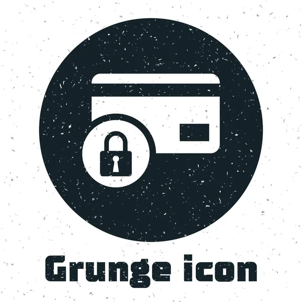 Grunge 信用卡与锁图标隔离在白色背景上。锁的银行卡。安全、安全、保护理念。安全付款的概念。矢量插图 — 图库矢量图片