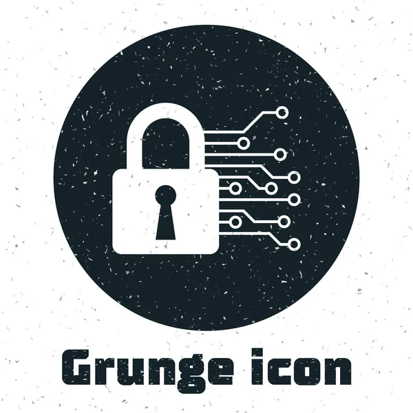 Grunge Cyber security icon isolated on white background. Closed padlock on digital circuit board. Safety concept. Digital data protection. Vector Illustration — Stock Vector