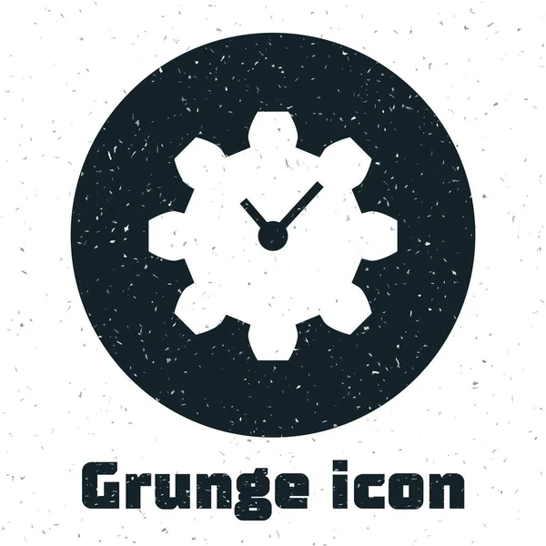 Icono de Grunge Time Management aislado sobre fondo blanco. Señal de reloj y engranaje. Símbolo de productividad. Ilustración vectorial — Vector de stock