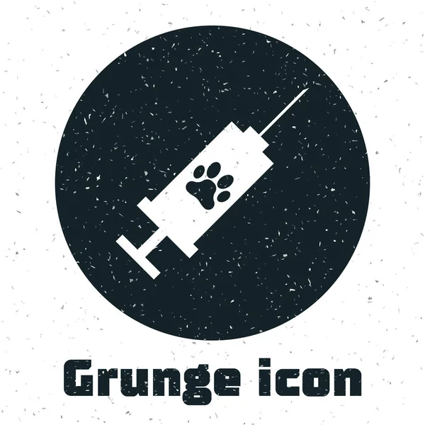 Grunge spruta med PET-vaccin ikon isolerad på vit bakgrund. Hund eller katt tass avtrycken. Vektor illustration — Stock vektor