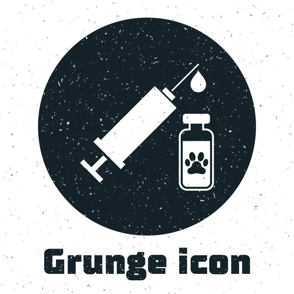 Grunge-Spritze mit Tierimpfstoff-Symbol isoliert auf weißem Hintergrund. Pfotenabdruck für Hund oder Katze. Vektorillustration — Stockvektor