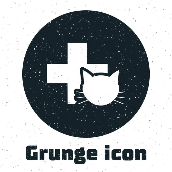 Grunge icono símbolo de la clínica veterinaria aislado sobre fondo blanco. Cruza con la atención veterinaria del gato. Signo de primeros auxilios. Ilustración vectorial — Vector de stock