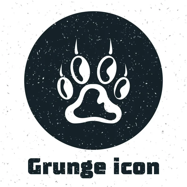 Значок "Grunge Paw print" выделен на белом фоне. Отпечаток лапы собаки или кошки. Животный след. Векторная миграция — стоковый вектор