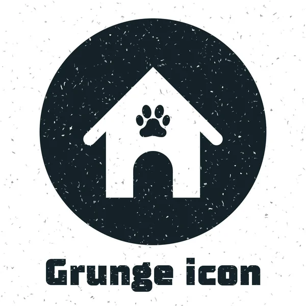Grunge Dog casa y pata icono de la mascota impresión aislado sobre fondo blanco. Una perrera. Ilustración vectorial — Vector de stock
