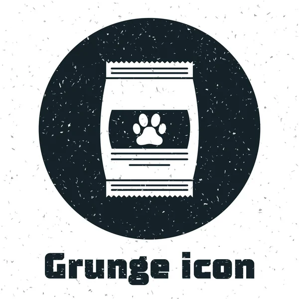 Grunge Bolsa de comida para mascotas icono aislado sobre fondo blanco. Comida para animales. Paquete de alimentos para mascotas. Huella de pata de perro o gato. Ilustración vectorial — Vector de stock