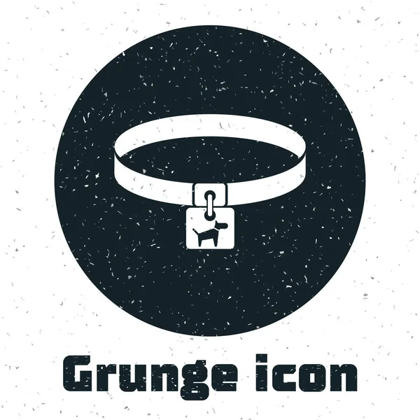 Collar Grunge Dog con icono de etiqueta de nombre aislado sobre fondo blanco. Suministros simples para animales domésticos. Cuidado de gatos y perros. Cadenas para perros. Ilustración vectorial — Vector de stock