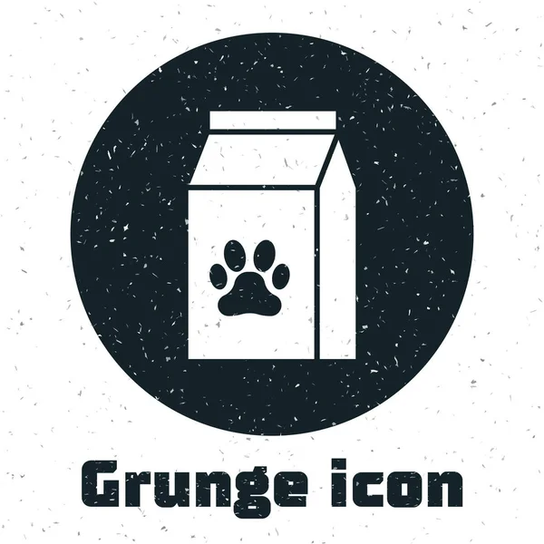 Grunge Bolsa de comida para mascotas icono aislado sobre fondo blanco. Comida para animales. Paquete de alimentos para mascotas. Huella de pata de perro o gato. Ilustración vectorial — Vector de stock