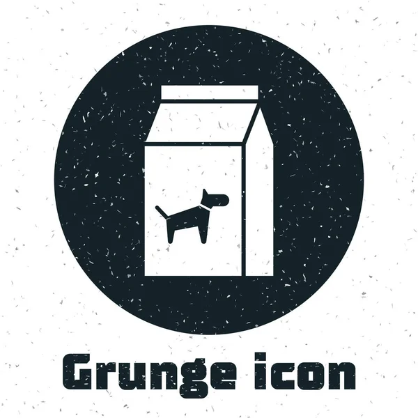 Grunge Bolsa de comida para perro icono aislado sobre fondo blanco. Comida para animales. Paquete de alimentos para mascotas. Ilustración vectorial — Vector de stock