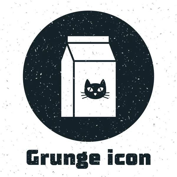Grunge Bolsa de comida para gato icono aislado sobre fondo blanco. Comida para animales. Paquete de alimentos para mascotas. Ilustración vectorial — Vector de stock