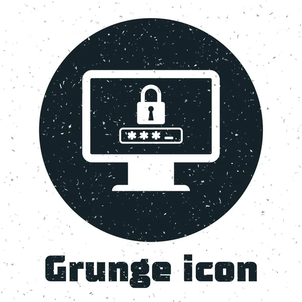 Grunge Monitor con notificación de contraseña e icono de bloqueo aislado sobre fondo blanco. Seguridad, acceso personal, autorización de usuario, formulario de acceso. Ilustración vectorial — Vector de stock