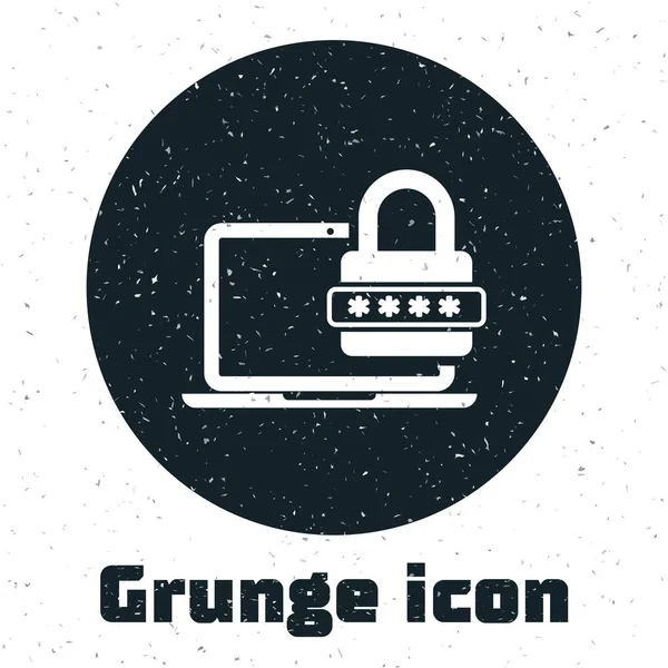 Grunge laptop met wachtwoord melding en slot icoon geïsoleerd op witte achtergrond. Beveiliging, persoonlijke toegang, Gebruikersautorisatie, inlogformulier. Vector illustratie — Stockvector