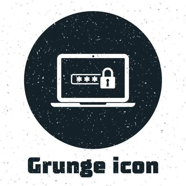Grunge 笔记本电脑与密码通知和锁定图标隔离在白色背景。安全、个人访问、用户授权、登录表单。矢量插图 — 图库矢量图片