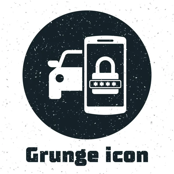 Grunge Smart icône du système de sécurité de voiture isolé sur fond blanc. Le smartphone contrôle la sécurité de la voiture sur le sans fil. Illustration vectorielle — Image vectorielle
